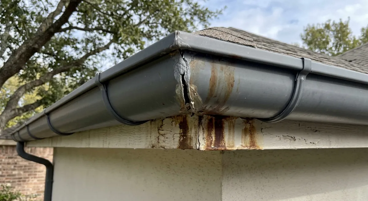 Close-up of a half round miters leak at a 90-degree outside miter showing a visible sealant gap on a half round gutter run
