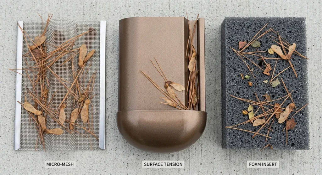 Close-up comparison of stainless steel micro-mesh, surface tension aluminum, and foam insert gutter guards with pine needle and maple seed debris showing whether gutter guards really work across types