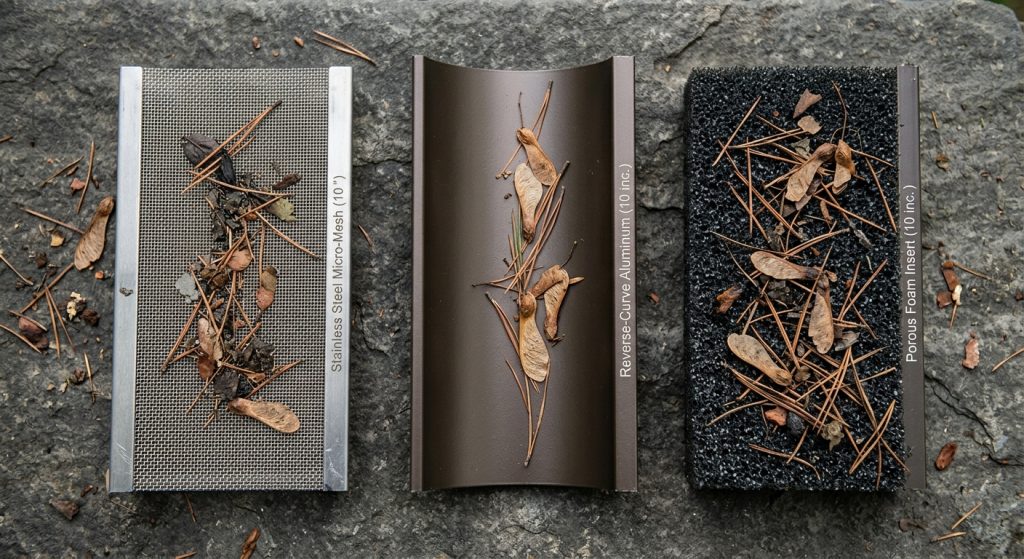 Three gutter guard samples compared side by side — stainless steel micro-mesh, reverse-curve aluminum, and foam insert — with pine needle and maple seed debris on each