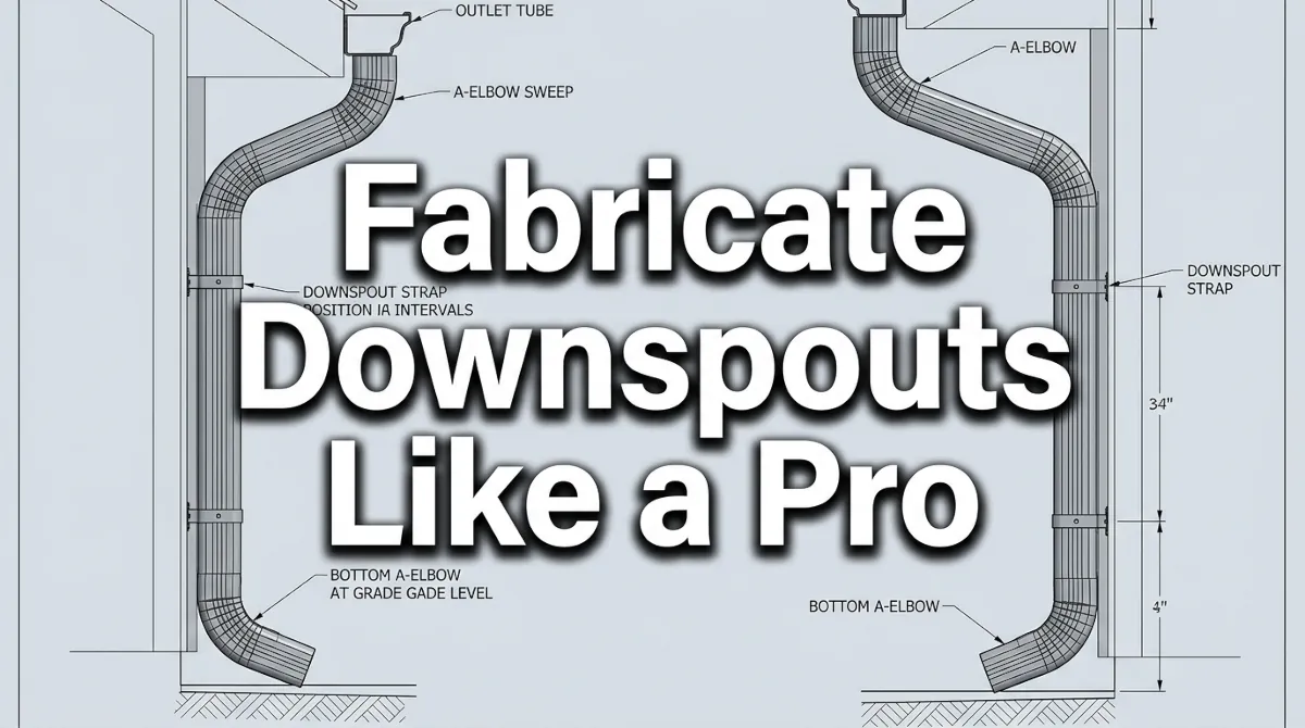 Fabricate downspouts like a pro — 10-step 3x4 A-elbow assembly protocol with exact sweep math, rivet placement rules, and strap interval specifications.