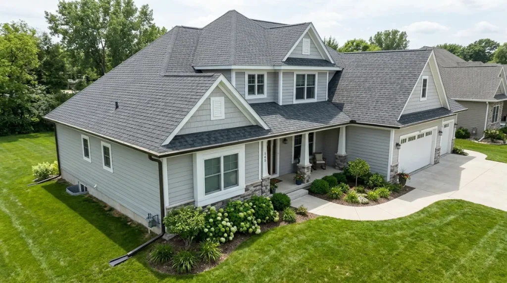 Wide overhead view of properly installed seamless aluminum guttering on a residential roofline, and correctly positioned downspout