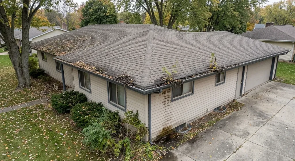 Older ranch home with a failing guttering system due to years of neglect