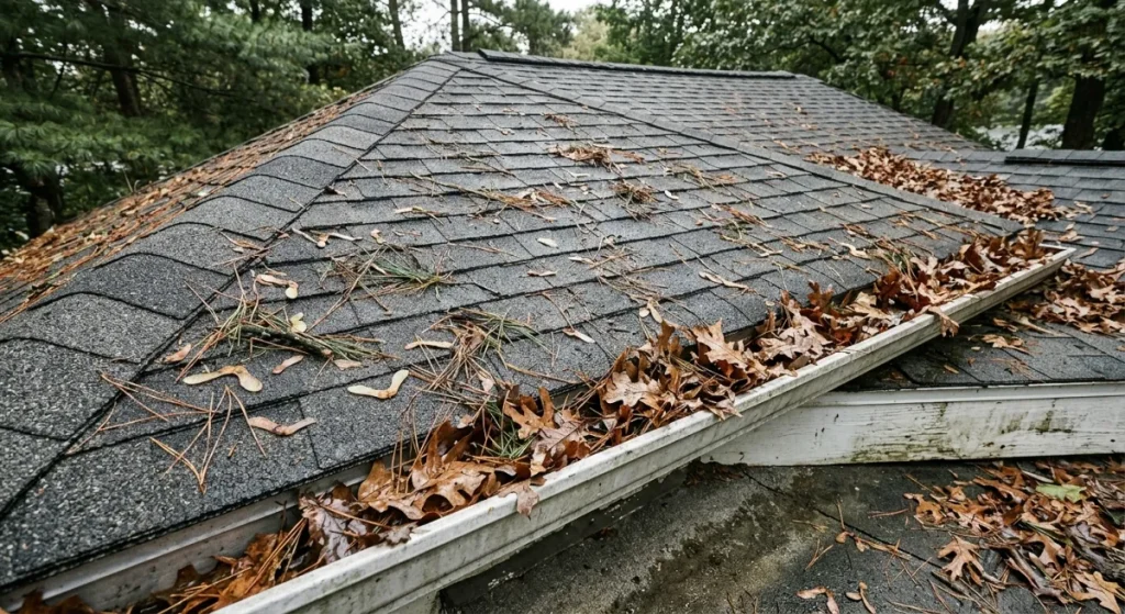 Overhead view of older home with visible pine needle and maple seed debris and neglected guttering full of oak leaves