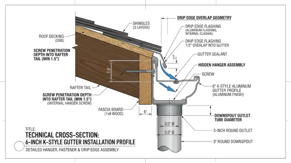 K-style Gutter installation specs covering pitch, hanger load, downspout sizing, and strip miter fabrication for 90° and 45° corners.