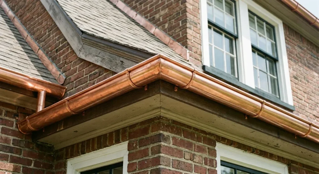 6 inch Half-Round Gutter | Master Miter Template Kit 1 Close-up exterior shot of a completed copper half-round guttering job showing clean 90-degree miter joint