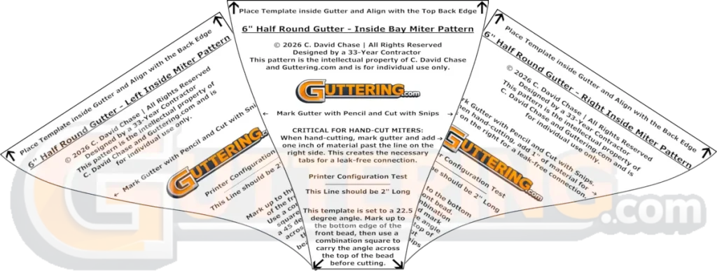 A stacked layout of printable templates for half-round gutters, displaying a left and right 90-degree inside miter pattern alongside a 22.5-degree inside bay miter pattern.