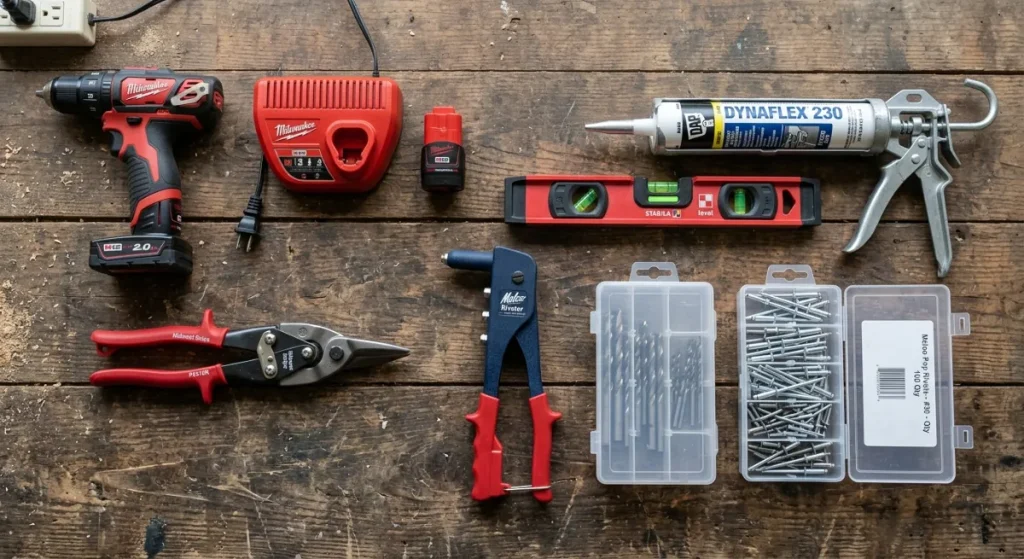Best Guttering Tools: 10 Core Categories in the Contractor's Curated Toolbox 1 Professional guttering tools on a contractor workbench including red offset aviation snips, rivet gun, torpedo level, caulk gun, drill bits, and pop rivets