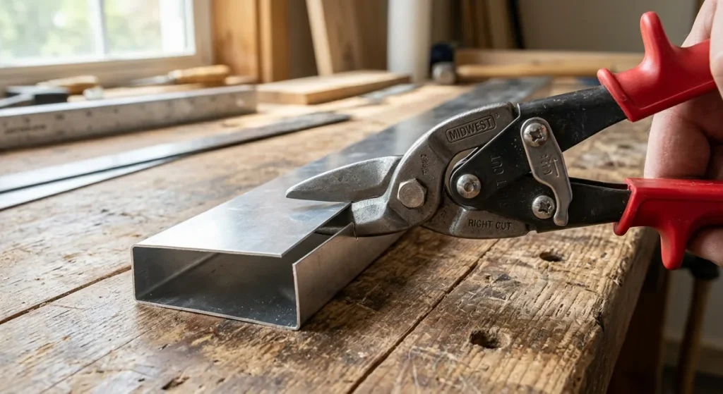Best Guttering Tools: 10 Core Categories in the Contractor's Curated Toolbox 2 Close-up of Midwest Red offset snips cutting through 0.032 aluminum material showing a clean straight cut edge on a contractor workbench
