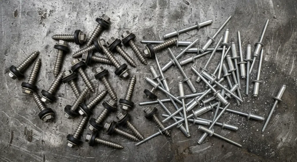 Best Guttering Tools: 10 Core Categories in the Contractor's Curated Toolbox 3 Close-up comparison of stainless steel gutter screws and aluminum blind pop rivets arranged on a steel workbench surface