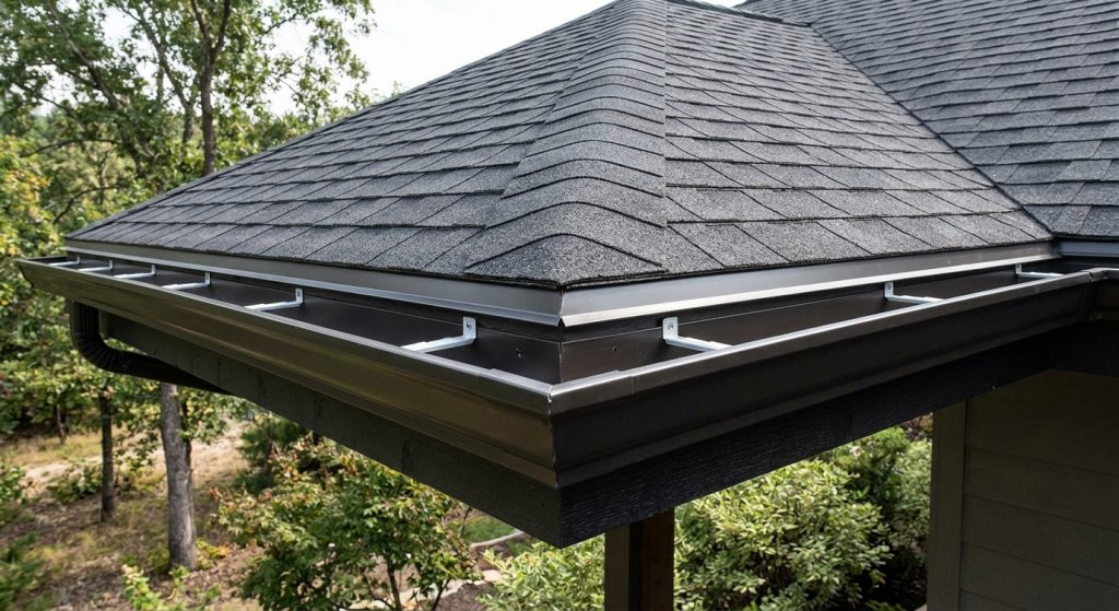 Completed seamless aluminum gutter run on a residential home by a guttering contractor