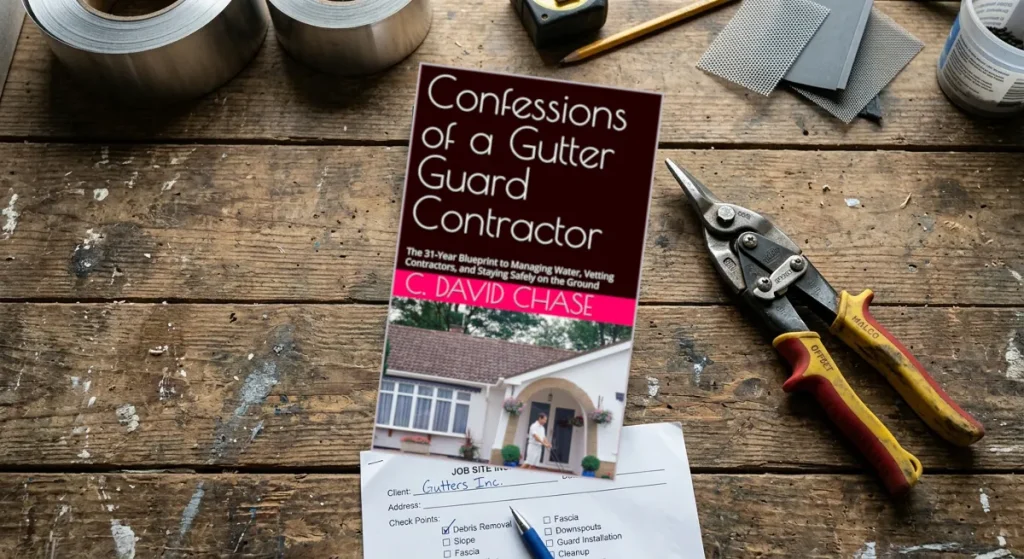 Do gutter guards really work? Book cover of Confessions of a Gutter Guard Contractor on a contractor workbench alongside aviation snips and an inspection checklist