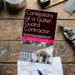 Do gutter guards really work? Book cover of Confessions of a Gutter Guard Contractor on a contractor workbench alongside aviation snips and an inspection checklist