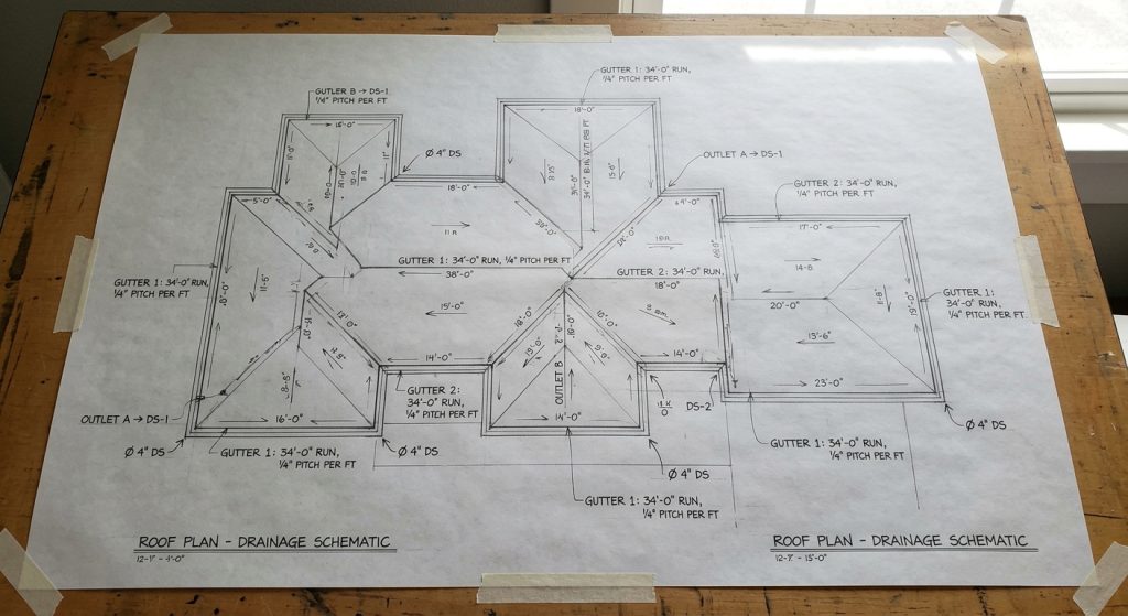 Overhead close-up of an architectural drainage layout drawing showing gutter run measurements, pitch calculations, outlet placements, and slope annotations