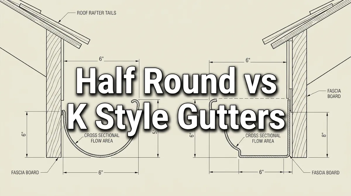 Half Round vs K Style Gutters Engineering cross-section comparison diagram of a half round gutter profile and a K-style gutter