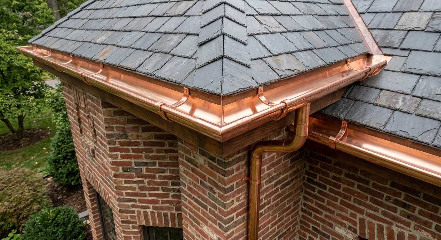 Do you want to learn how to cut half round gutter miters like this close up shot of a perfectly cut 90 degree outside miter on copper half round guttering?