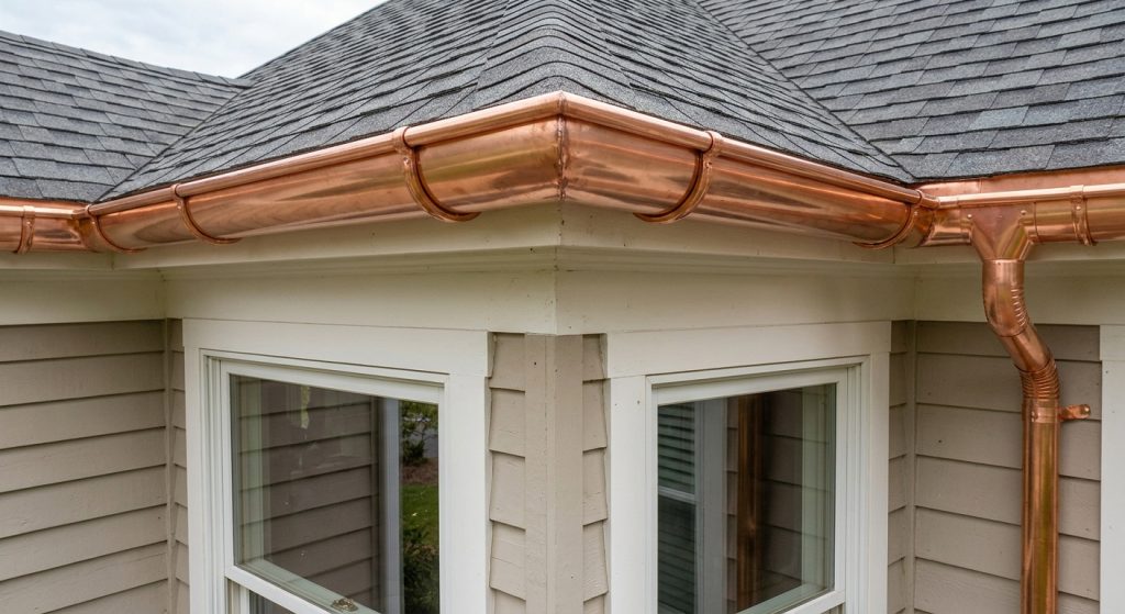 Shot of perfectly cut 90 degree inside and outside miters on copper half round guttering